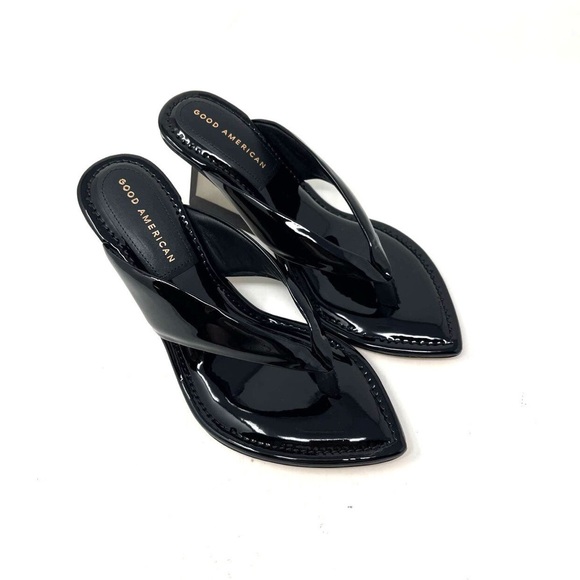 GOOD AMERICAN CINDER F*UCKING RELLA CLEAR WEDGE SANDAL BLACK PATENT LEATHER NWOB - Picture 4 of 15